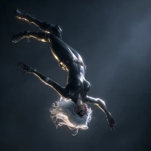 Generate Felicia Hardy, Black Cat in a dynamic upside-down acrob...
