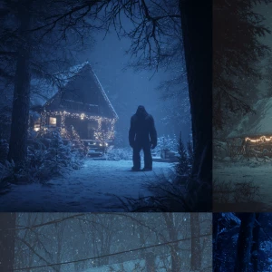 So me a winter Christmas scene in the woods with snow falling an...