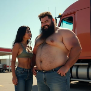 A burly trucker with a rugged, hairy physique proudly flaunting...