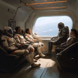 In a futuristic realistic art style, inside the dark vast transp...