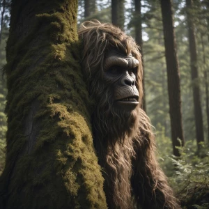 A humanoid looking hair covered sasquatch hiding behind a tree