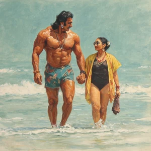 Realism,oil painting.a muscular sweaty indian  villain man, walk...