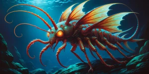 A grotesquely majestic insectoid fishlike creature, its exoskele...