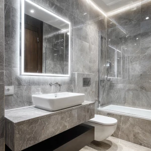 Create an image of a stylish, compact modern bathroom with grey...
