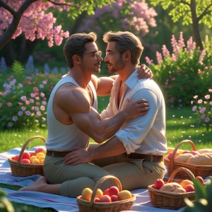 The image is a romantic, hyper realistic of two men engaged in a...