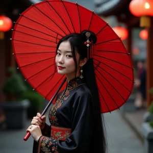 Black and dark red umbrella with Chinese hanfu girl