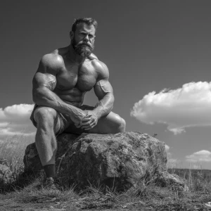 A close-up image of a white male bodybuilder sitting on a large...