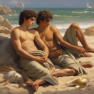 In a scene set in Ancient Greece around 500 B.C., two barecheste...