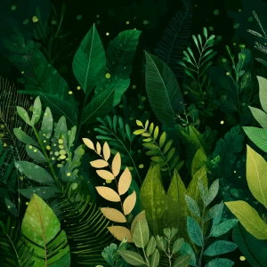 Create a dark green background made of plants and leaves with va...