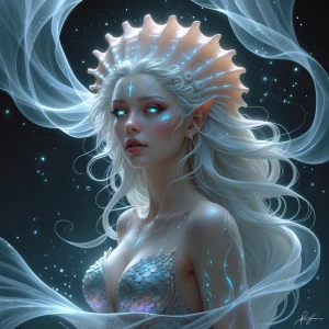 A hauntingly enchanting siren, her ethereal form suspended in a...