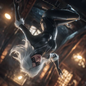 Felicia Hardy, Black Cat, performing a dramatic inverted acrobat...