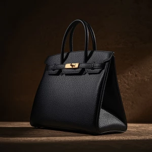 sculptural structured luxury handbag, deep black pebbled leather...