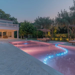 Create a detailed picture of an exquisite mansion's rear terrace...