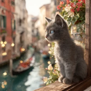 A charming grey kitten with vivid blue eyes perched on a wooden...