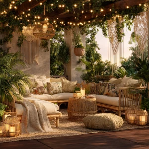 Create a serene outdoor garden lounge featuring bamboo furniture...