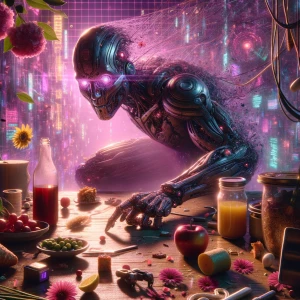 In a starkly lit cyberpunk cityscape, a mysterious figure hovers...