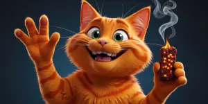 Orange cat waving excitedly at camera, huge goofy smile, sparkli...