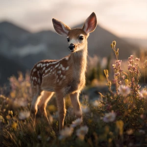 Baby white-tailed fawn with delicate white spots standing in a C...