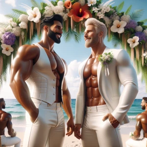 Two muscular men standing together on a sunlit tropical beach, p...