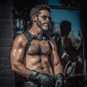 This is an outdoor photograph featuring a muscular, adult male w...