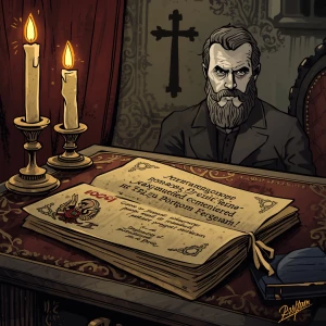 Dramatic animated illustration in dark cartoon style of old Russ...