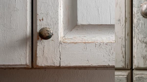 one kitchen cabinet door with slightly worn paint near the handl...