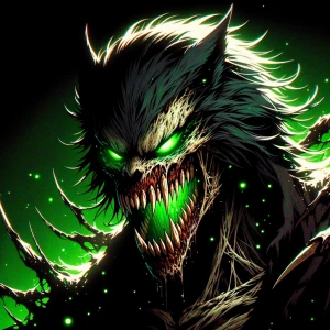 Create a digital anime image of a werewolf, its fur a blend of c...