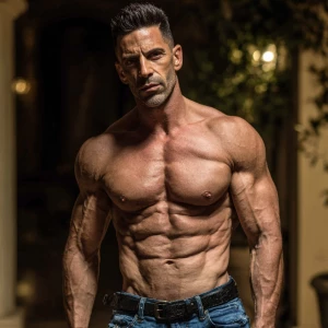 The image depicts a muscular,bodybuilder Italian man standing in...