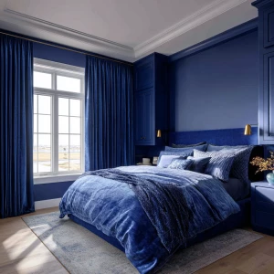 Ultra-realistic photograph of a bold color-drenched bedroom, ful...