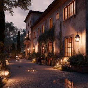 Create an image of an Italian villa exterior at twilight with wa...
