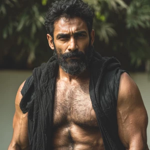 The image shows a man with a muscular, hairy physique standing o...