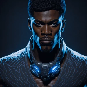 Generate an image of a muscular, Black man with short, dark hair...