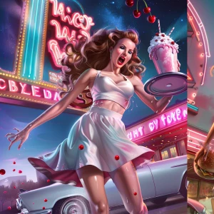 1950s retro pin-up illustration, glamorous roller-skate waitress...