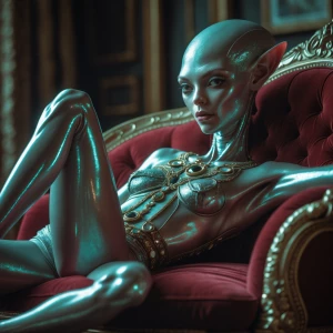 In a dimly lit room, a peculiar Venutian figure lounges on a plu...