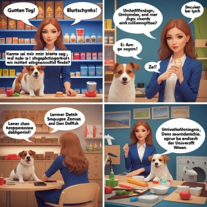 создай шуточный комикс с  рекламой языковых курсов Deutschkurs...