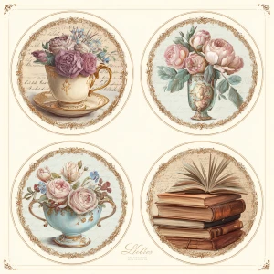 Victorian Mauve Rose Rococo Medallions – 4 Round Cards (Ornate F...