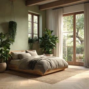 Photorealistic high-resolution image of a biophilic bedroom inte...