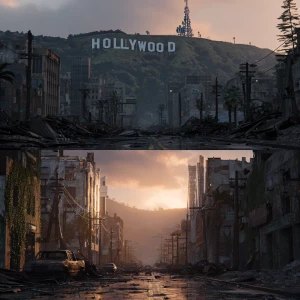 A low street view wide-angle, cinematic shot of a dystopian Los...