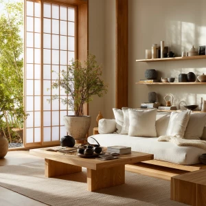 Create an interior design scene inspired by the Japandi aestheti...