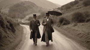 A realistic vintage 19th century photograph of a British man and...