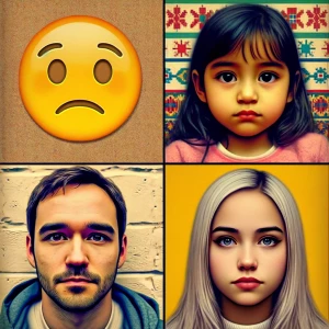 faz um knolling de um emoji trsite uma menina um cartaz e um hom...