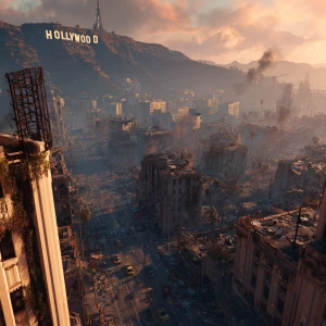 A wide-angle, cinematic shot of a dystopian Los Angeles in the a...