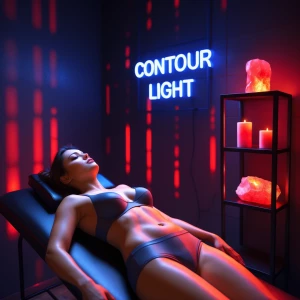 Generate an image of a middle-aged woman lying on a black massag...