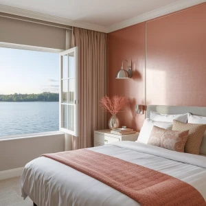 Design a serene and modern guest room named Silver Coral Room. P...