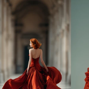 An elegant supermodel with fiery red hair gracefully walks forwa...