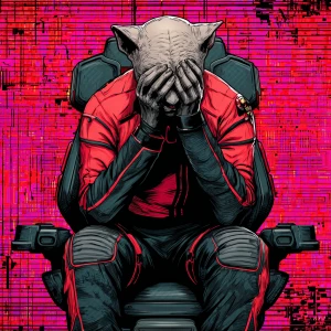 A humanoid cat character with a bald head, wearing a red and bla...
