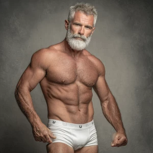 Generate an image of a confident, muscular gray man with a beard...