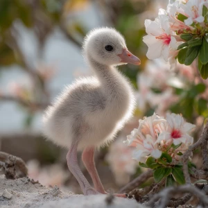 A newborn baby flamingo chick named Flan, soft pale-gray down wi...