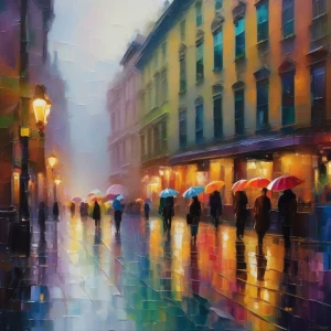 A bustling city street on a rainy day, with people huddled under...