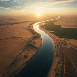 “wide aerial view of Nile River flowing through desert, green la...